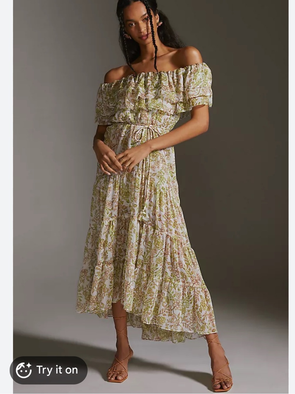 Anthropologie MISA Off-the-Shoulder Ruffle Midi Dress in Floral Green